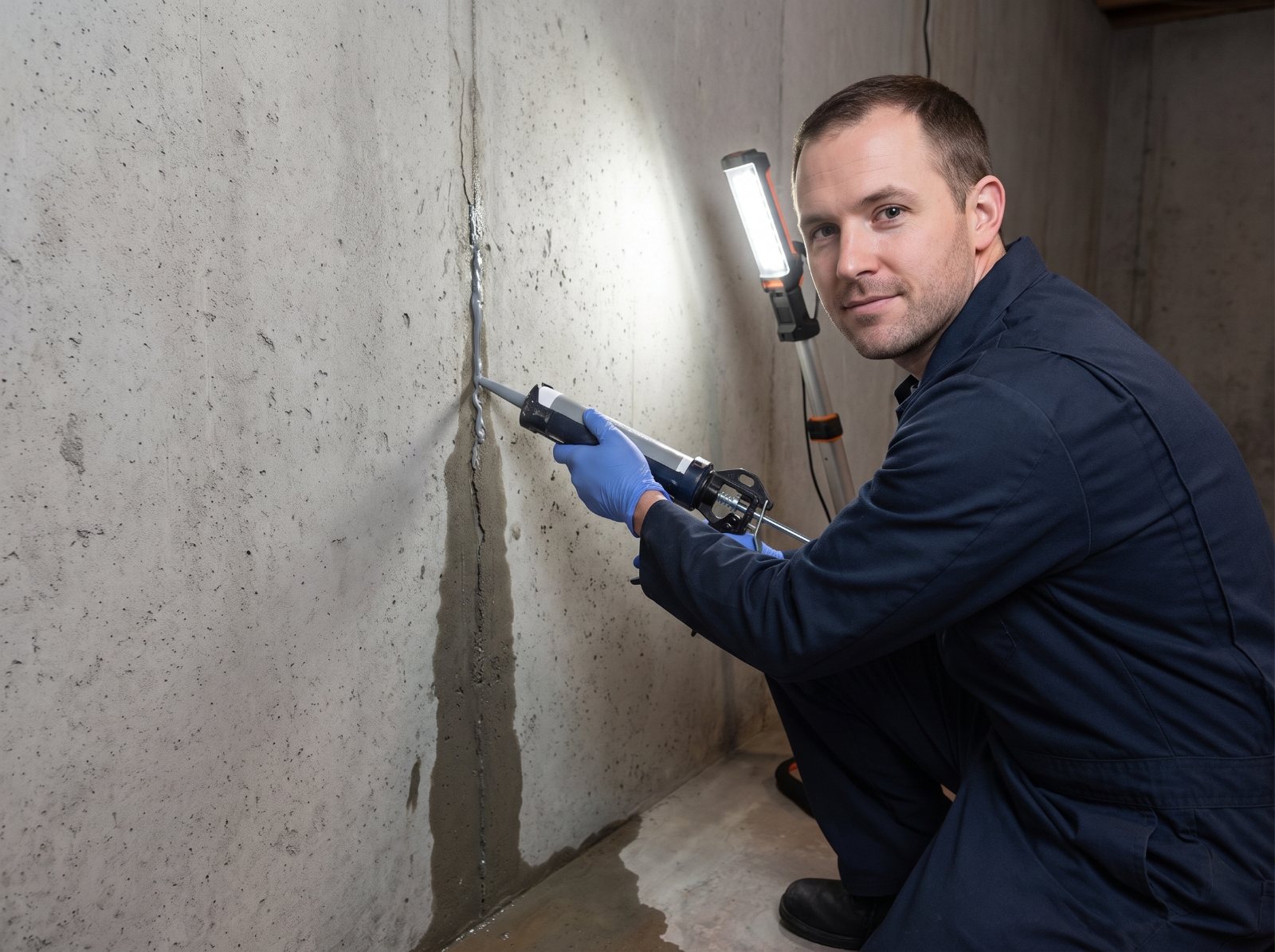 NowDry technician injecting sealant into a leaking crack in a poured concrete foundation wall