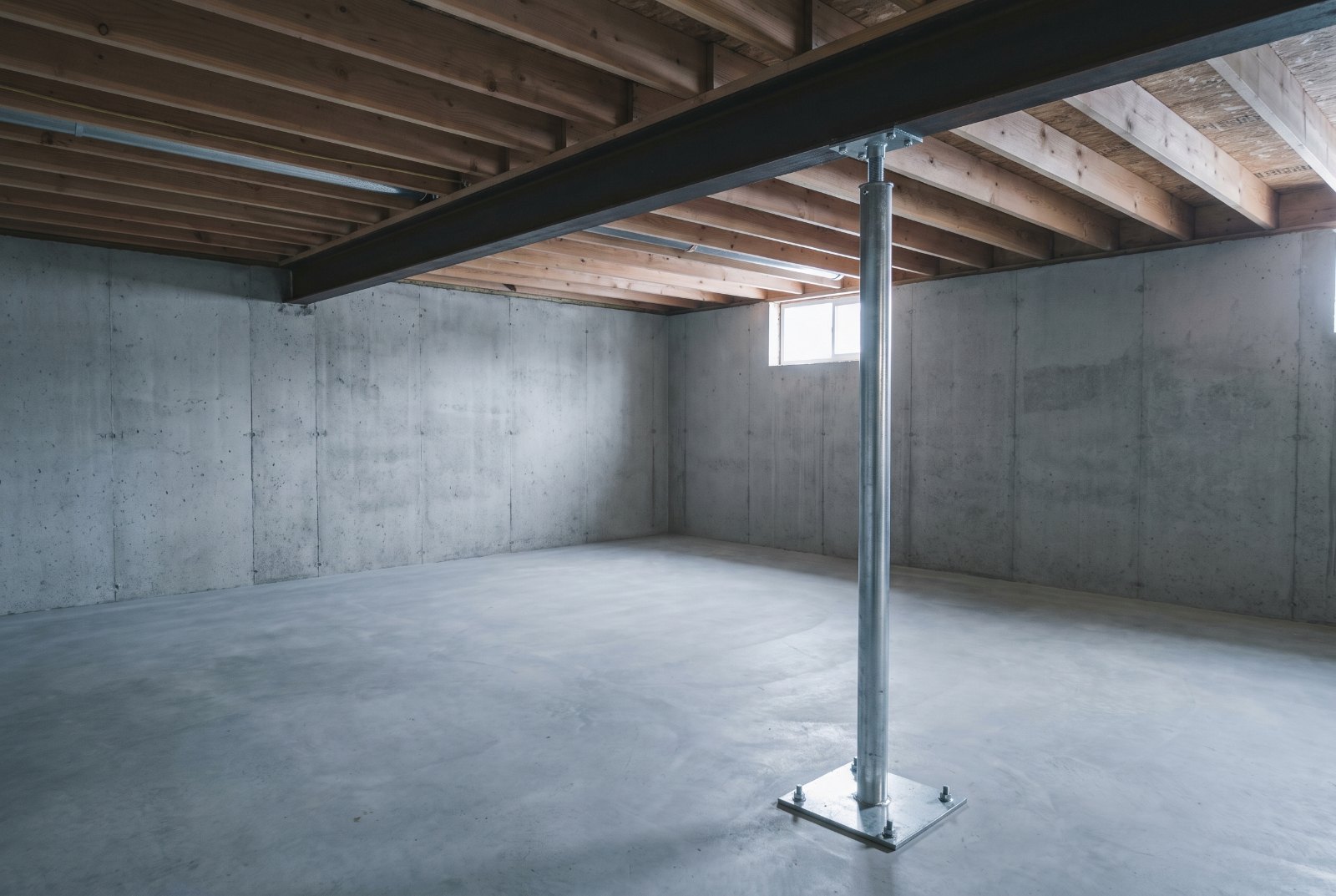 Steel main carrying beam in a basement supported by a new galvanized adjustable steel column bolted to the concrete floor