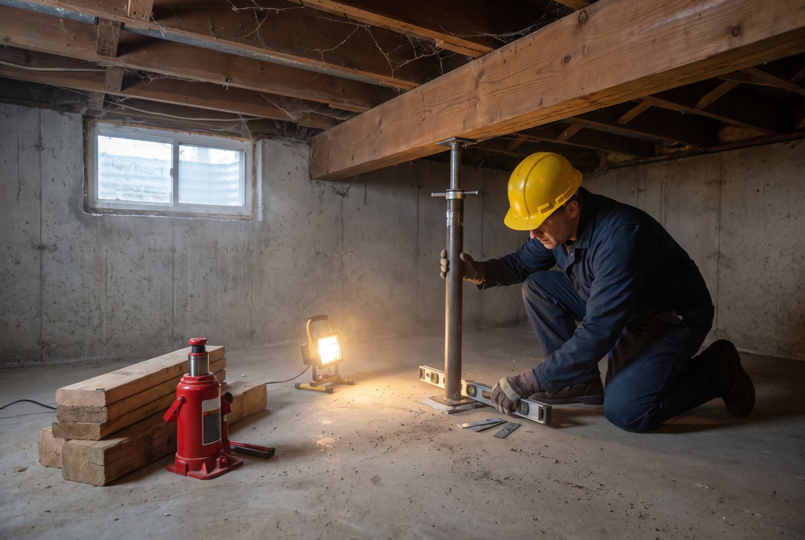 NowDry technician kneeling in a basement to plumb and shim a new steel support post under a wooden carrying beam, with a bottle jack and shoring timbers nearby