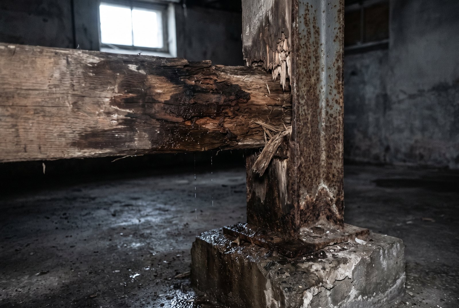 Water-stained wooden carrying beam with dark rot and crumbling fibers where it meets a rusted steel post on damp basement concrete