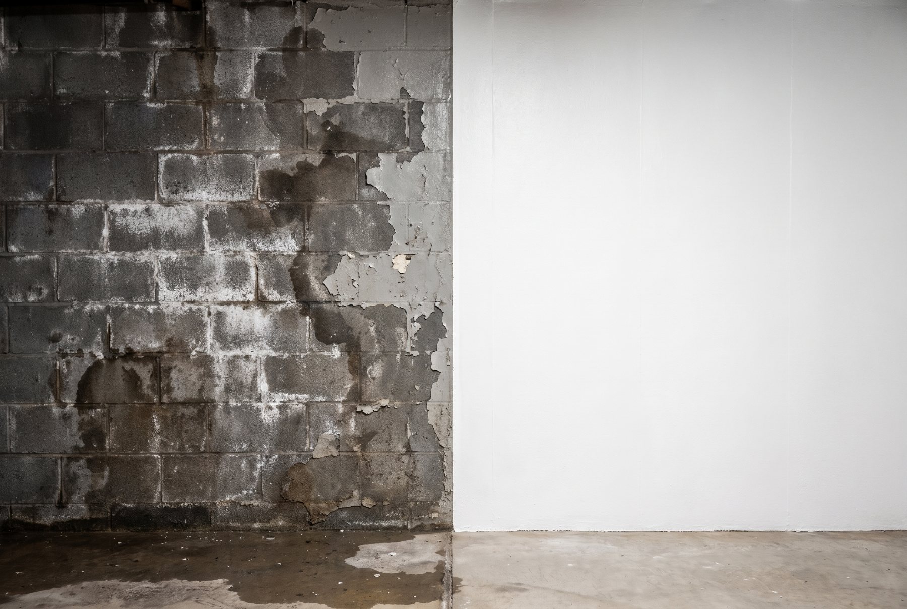 Before and after of the same basement wall: damp and stained on the left, clean and waterproofed on the right