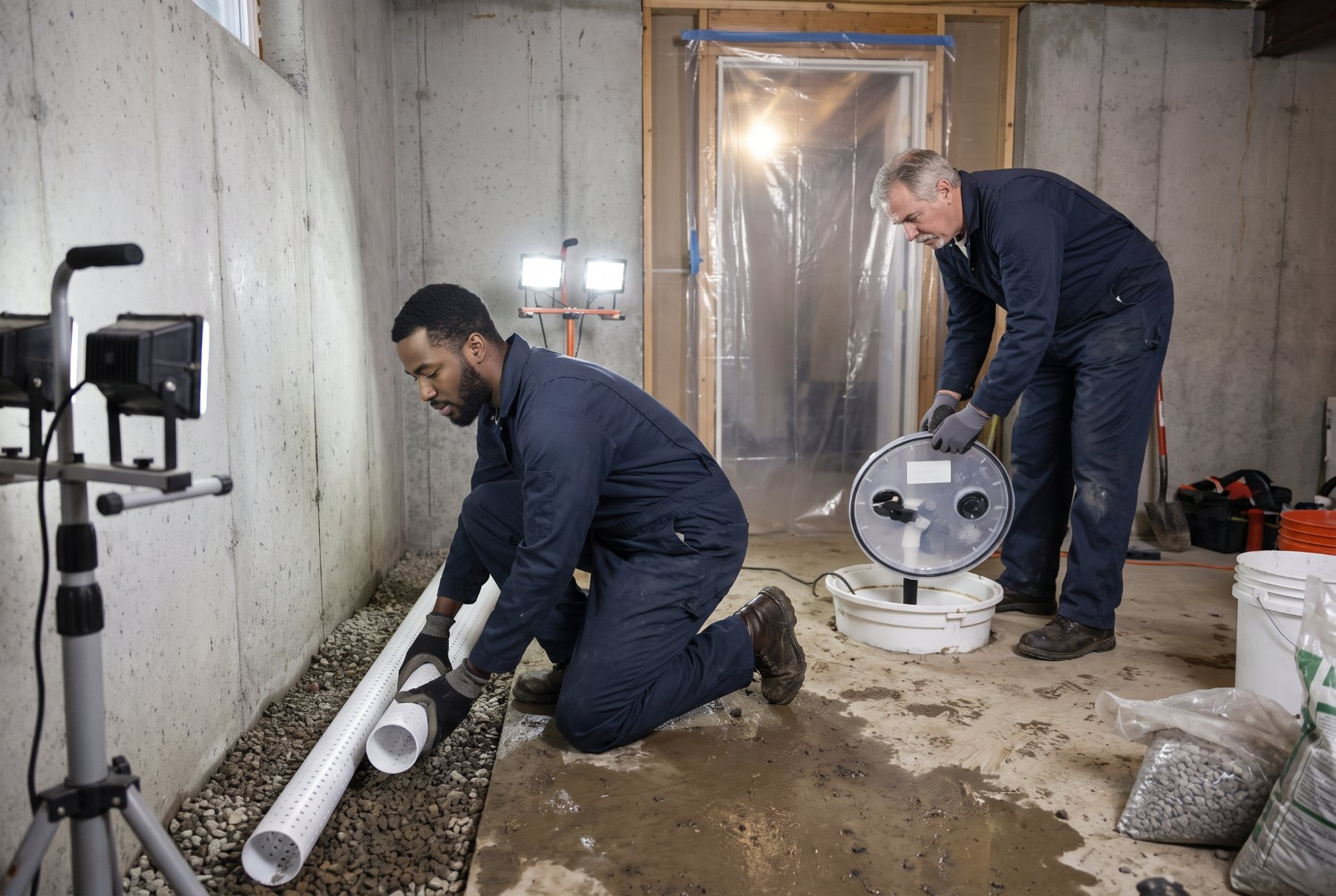 Two NowDry technicians installing interior drain tile and a new sump basin in a basement
