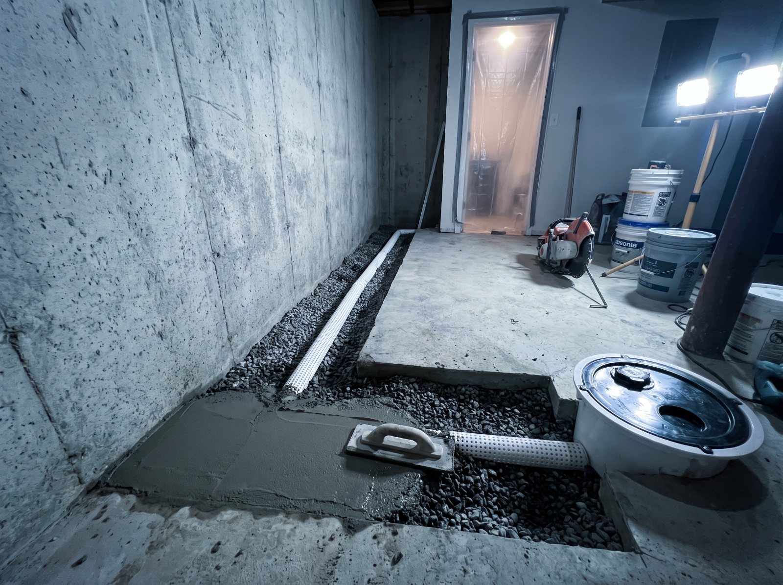 Interior drain tile installation in progress: perforated pipe bedded in gravel in a trench cut through the basement floor, with a new sump basin alongside