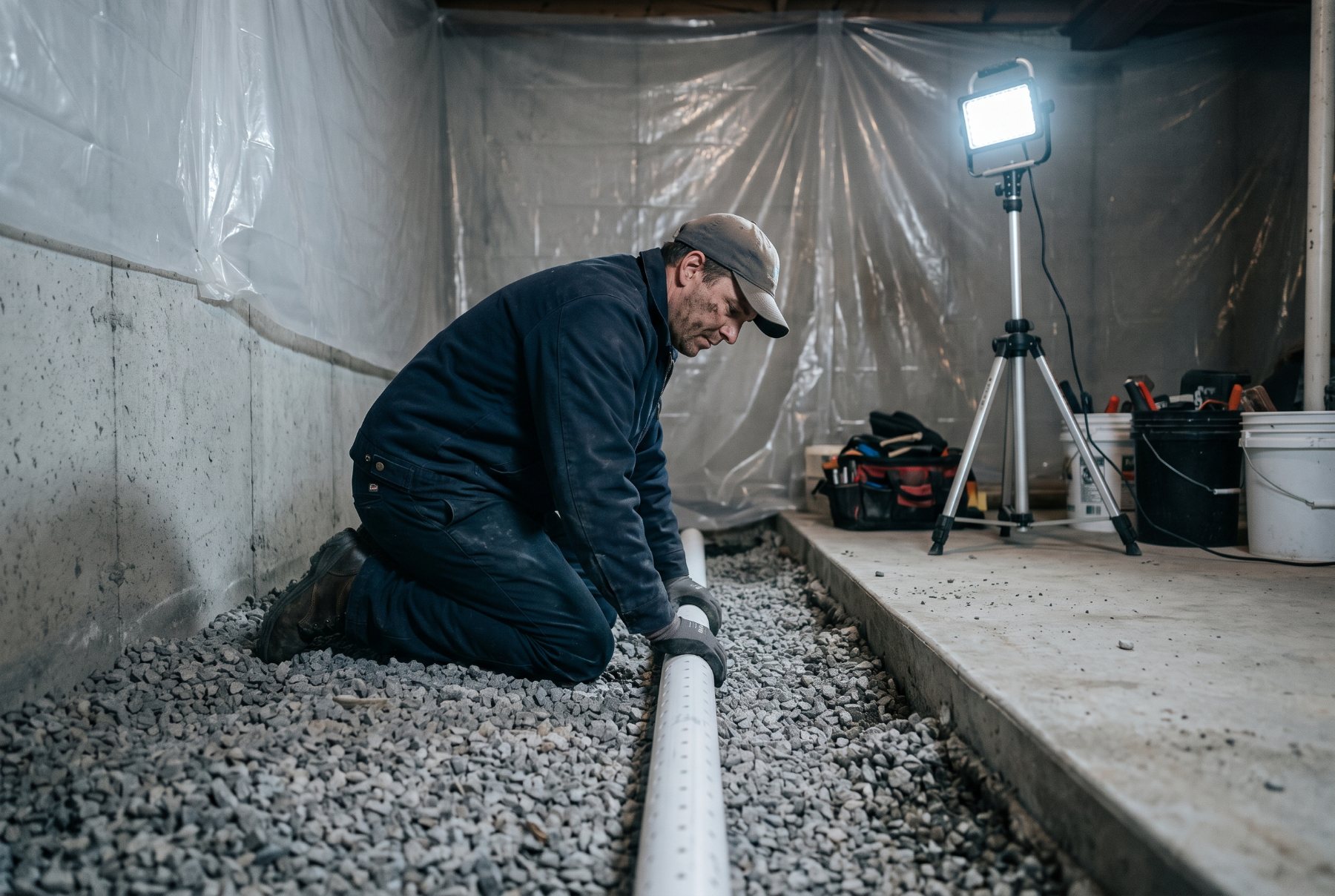 NowDry technician seating perforated drain tile into a gravel-bedded trench along a basement wall