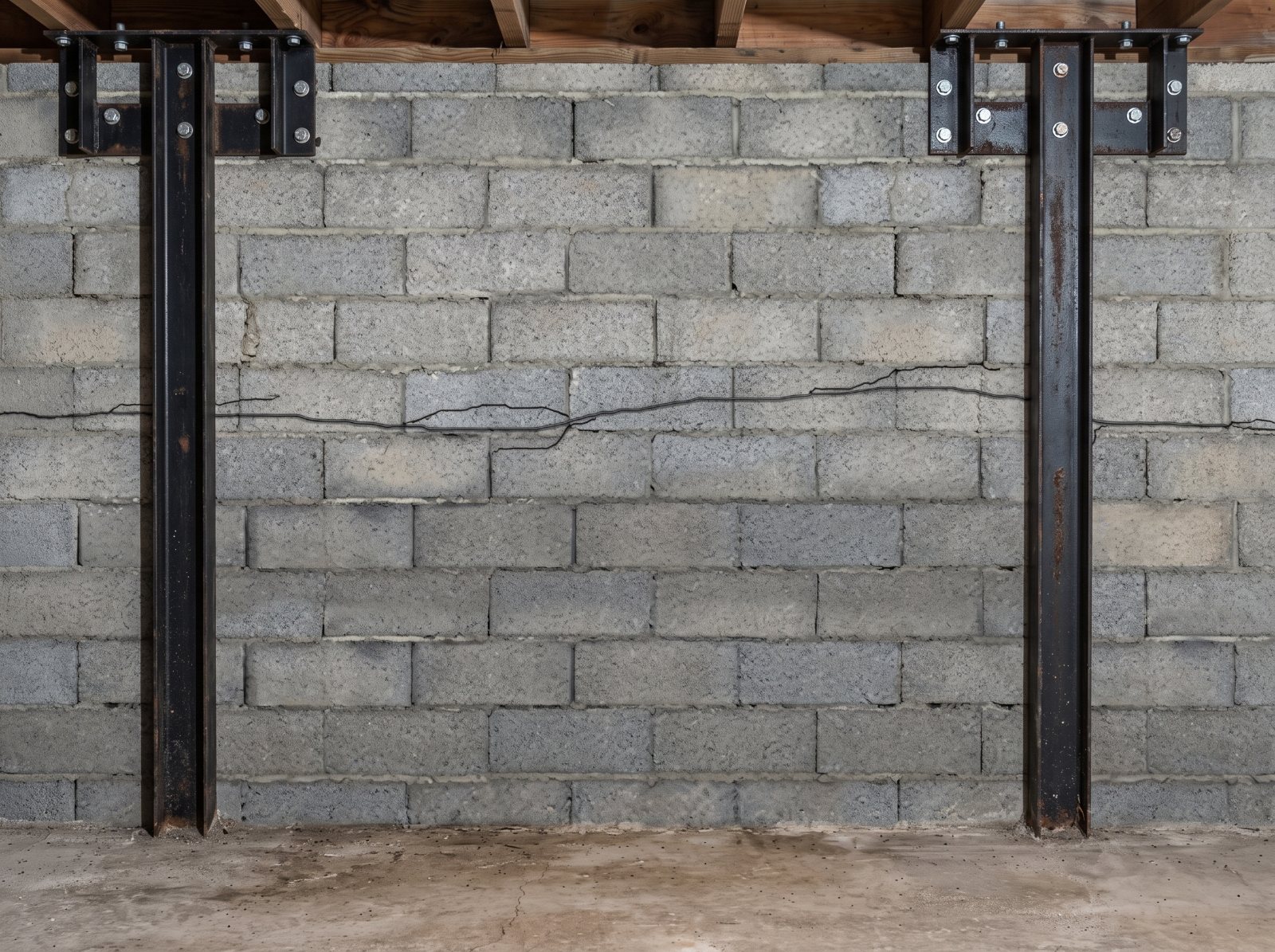 Cinder block basement wall braced with bolted steel I-beams tied into the floor joists above
