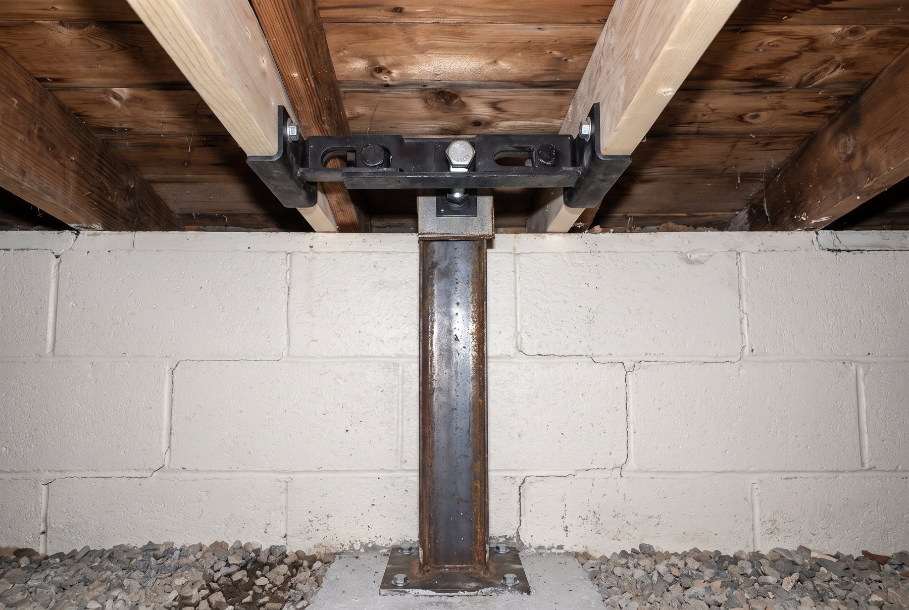 Bowing basement wall stabilized with steel reinforcement anchored to the joists above