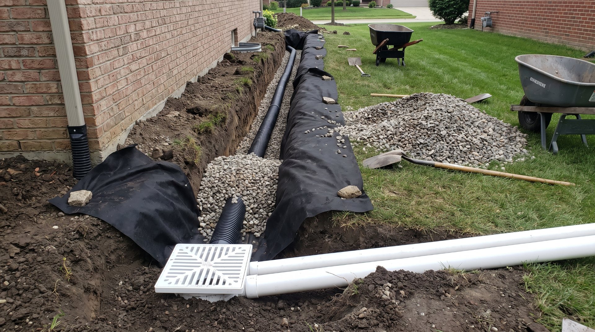 Exterior french drain going in beside a house foundation: perforated pipe in a fabric-lined trench with washed stone and a flush surface grate